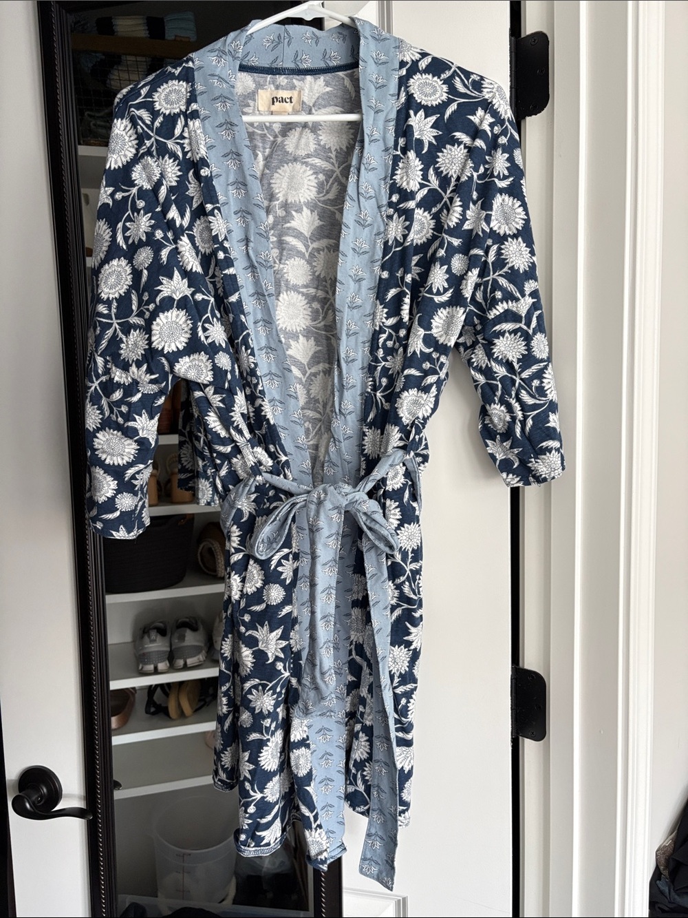 Pact Navy Floral Cotton Robe with Light Blue Trim